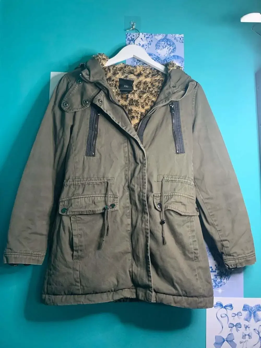 XXI Olive Green Anorak Utility Jacket with Leopard Faux Fur Lining Size S